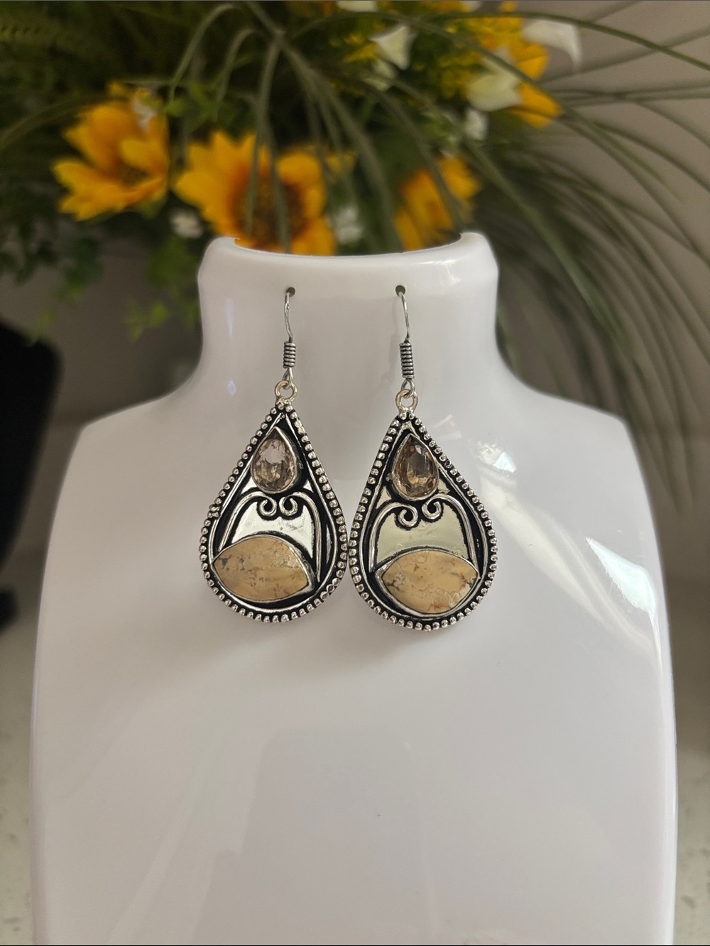 Jasper & Morganite Gemstone Drop Dangle Earrings